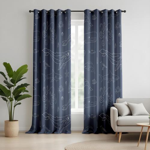 Nautical Ocean Curtains for Living Room, Sea Life Print Drapes, Navy Blue Marine Animal Window Panels, Coastal Beach House Decor