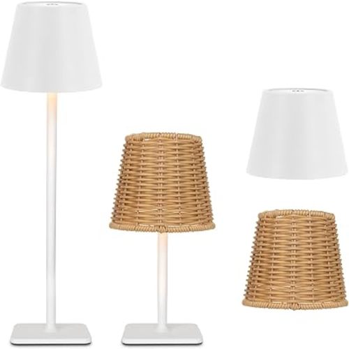 Mr. White Outdoor Waterproof Cordless Set of 2 Rechargeable Portable Top Touch Battery Operated Powered LED Table Lamp Desk Lamp Lights for Restaurant Kitchen Patio Dinner Dining (White 2 Pack)