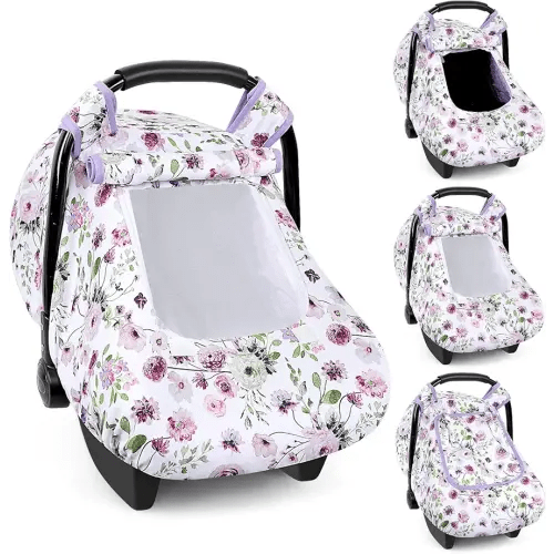 Baby Car Seat Cover Winter, Windproof Carseat Covers for Newborn with 2 Layers Window, Purple Flowers Infant Car Seat Canopy for Boys and Girls with Minky Dot Backing, Keeps Babies Warm and Cozy