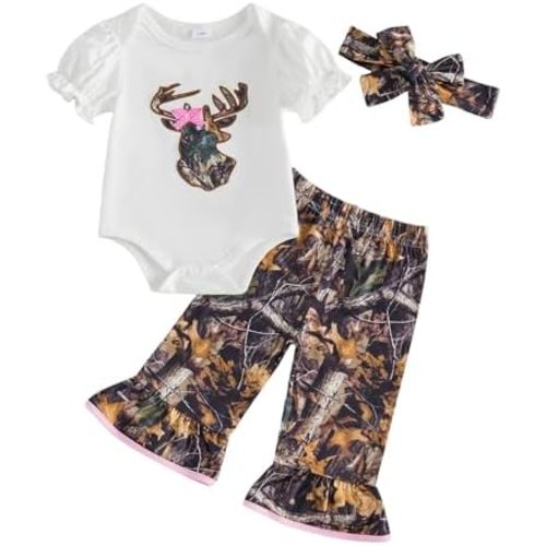 Newborn Baby Girl Hunting Clothes Deer Puff Short Sleeve Romper Jungle Camo Flare Pants Set 3 Piece Summer Outfit