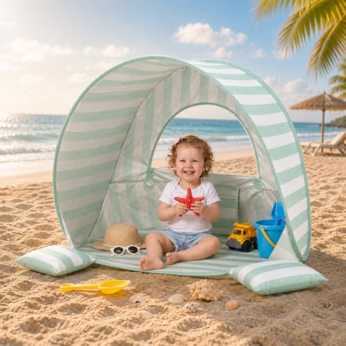 Pop Up Baby Beach Tent, UPF 50+ Sun Shelter | Silver-coated UPF 50+ sun shelter with instant pop-up design for beach, park and backyard use, Green