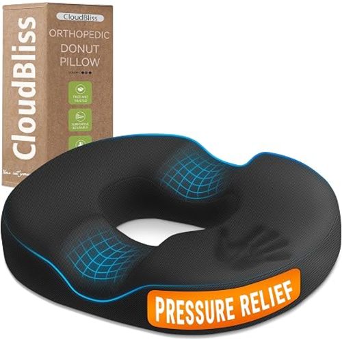 CloudBliss Donut Pillow Stadium Seat Cushion for Tailbone Pain Relief and Hemorrhoids, Memory Foam Seat Chair Cushion, Portable Seat Cushions for Bleachers, Car, Home & Office