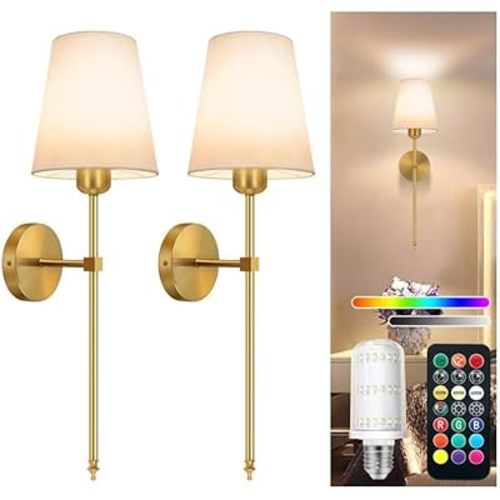 Battery Operated Wall Sconce, Gold Rechargeable Wall Lights with 5000mAh Dimmable Bulbs and 3 Dynamic Modes, 12 Colors Wireless Wall Lamps with Remote for Bedroom Living Room Hallway Decor, 2 Pack