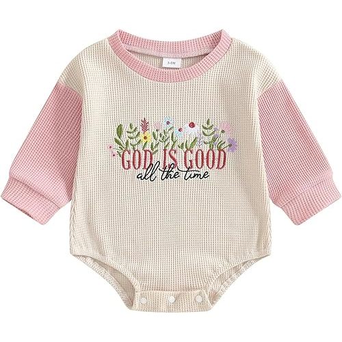 Baby Girl Christian Clothes God is Good Flower Embroidery Bubble Romper Waffle Long Sleeve Bodysuit Fall Outfits