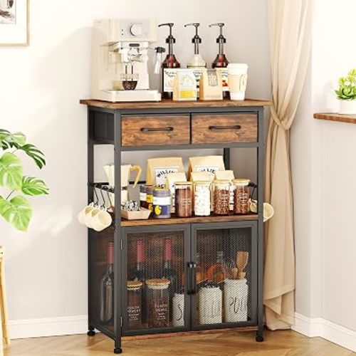 SWTYMIKI Coffee Bar Cabinet with Drawer - Coffee Stand Station with Removable Hooks, Buffet Cabinet for Coffee Maker or Microwave, Kitchen Bar Table Storage Organizer (Black, 20.47"x13.78"x31.3")