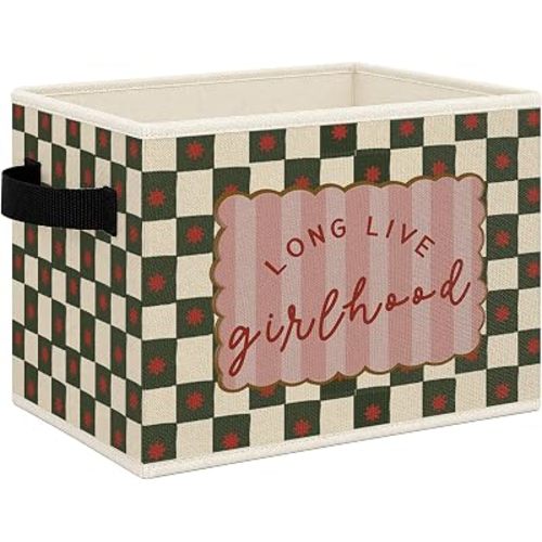 Girl Nursery Foldable Storage Bins Box with Handles, Long Live Girlhood Retro Green Checkered Collapsible Toys Books Clothes Organizer Basket for Kids Girls Nursery Room Bedroom Bathroom