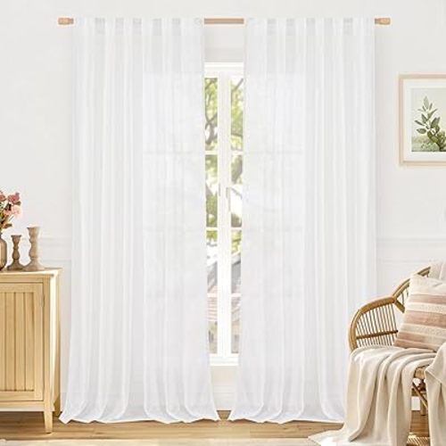LAMIT White 90 Inch Long Sheer Linen Curtains 2 Panels Set, Light Filtering Neutral Boho Drapes Back Tab and Rod Pocket Living Room Panels for Bedroom/Dining Room/Farmhouse, 52 x 90 Inch