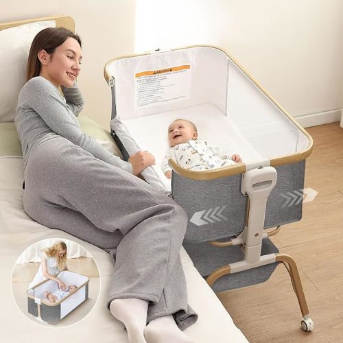 Baby Bassinet, Rocking Bedside Sleeper, Detachable & Portable Bassinet with 8-Level Height, Breathable Mesh, Storage Basket & Rotating Mobile Toy for Newborns Infant(Khaki)