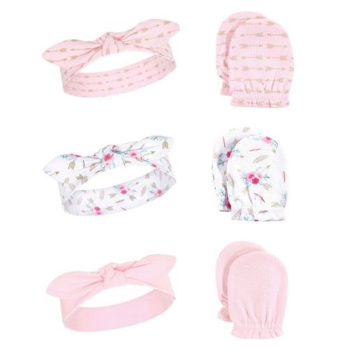Little Treasure Baby Girls Cotton Headband and Scratch Mitten Set 6pk, Boho, One Size