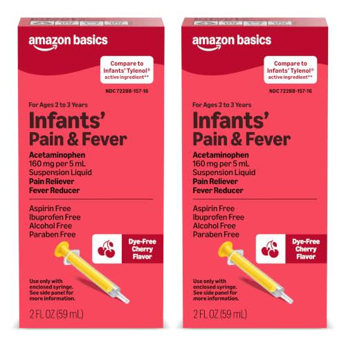 Amazon Basics Infants' Pain & Fever, Acetaminophen 160 mg per 5 mL, Suspension Liquid, Dye-Free Cherry Flavor, 2 fl oz (Pack of 2) (Previously Care)