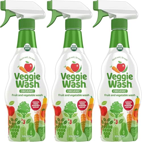 Veggie Wash Organic Fruit and Vegetable Wash, 16 Fluid Ounce, Pack of 3 | Ideal for Cleaning Produce, Vegan, Plant-Derived Ingredients, Unscented, No Parabens, Packaging May Vary
