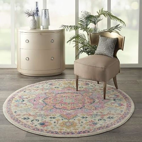 Nourison Home Passion Ivory Pink 5' x Round Area Rug - Easy Clean, Non Shedding, Bed Room, Living Room, Dining Room, Kitchen (5' x Round)