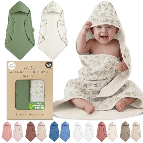 100% Organic Cotton Muslin Baby Hooded Towels 32x32 Inch – 2 Pack Soft & Absorbent Baby Hooded Towel Wrap for Boys & Girls, Premium Hooded Towels, Gentle Baby Essentials in Deep Green/Floral
