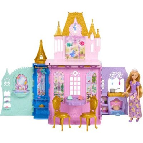 Disney Princess Rapunzel Doll and Close and Carry Castle Playset with 5 Play Areas and 20 Accessories