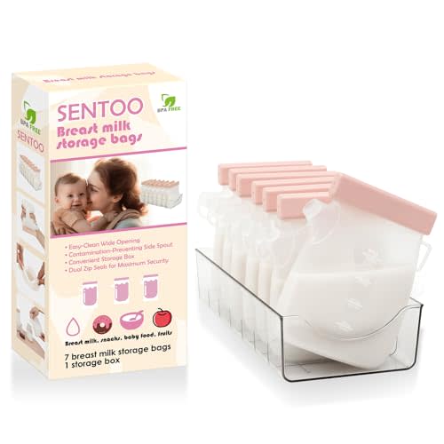 Sentoo 7 Pcs Breastmilk Storage Bags with a Fridge Organizer Bin, Reusable Breastfeeding Essentials, 11oz/320ml Double Leak-Proof Breastmilk Freezer Bags for Breastfeeding, Postpartum Essentials