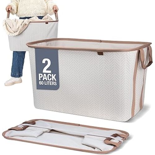 Collapsible Fabric Laundry Basket Premium, Cream Herringbone, 2 Pack
