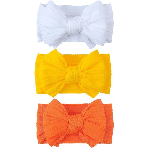 LemonSpace Handmade Baby Girls Headbands Soft Stretchy Nylon Halloween Thanksgiving Hair Accessories with Bows Fall Yellow Orange color for Newborn Baby Girls Infant Toddlers Kids(White Yellow Orange)