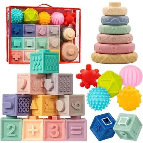 Jyusmile Baby Toys 6-12 Months, Montessori Toys for Babies 6-12 Months, Incl Stacking Building Blocks & Soft Infant Teething Toys & Sensory Balls for Toddlers 0-3-6-9-12 Months