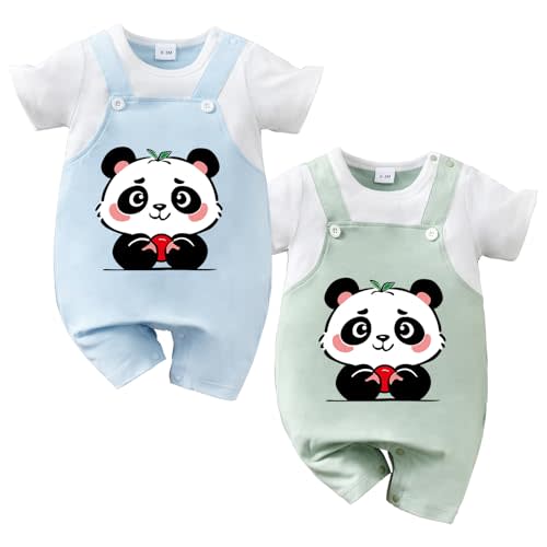 Baby Boy Girl Romper 2 Pack Cute Panda Print Fake 2 Piece Summer Outfit Soft Infant Jumpsuit 0-18 Months