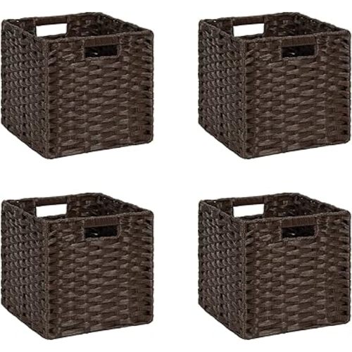 DULLEMELO Wicker Storage Baskets 11x11 Cube Storage Bins for Organizing Plastic Woven Baskets Set of 4 Waterproof Wowen Storage Cube Organizer for Pantry Closet Set of 4 - Deep Coffee