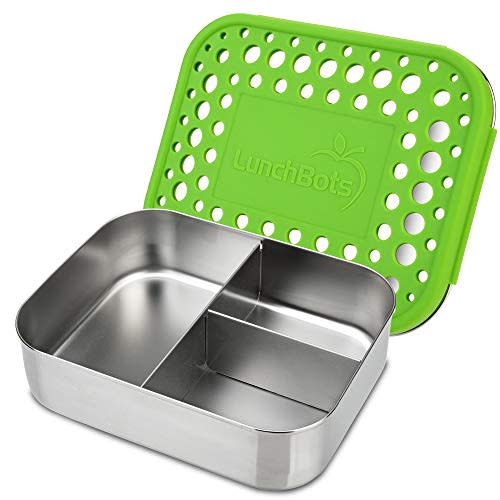 LunchBots Medium Trio II Snack Container - Divided Stainless Steel Food Container - Three Sections for Snacks On the Go - Eco-Friendly, Dishwasher Safe, BPA-Free - Stainless Lid - Green Dots