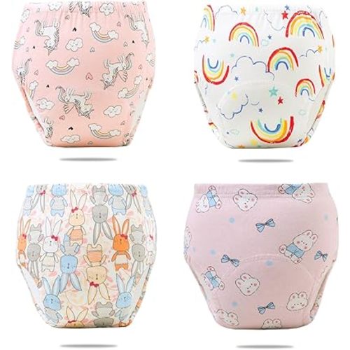 Upairy Potty Training Underwear, Absorbent and Soft Training Pants for Toddlers, Potty Training Underwear Boys & Girls, Reusable Cotton Training Underwear (4PCS,S)