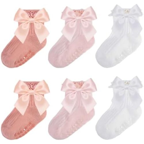 Baby Socks Baby Girl Non Slip Grip Ruffle Socks with Bows Soft Cotton Toddler Girl Sock with Grips Newborn Infant