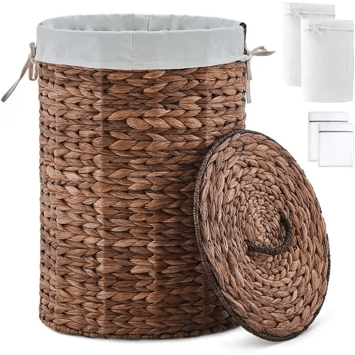Round Water Hyacinth Laundry Hamper with Lid Handwoven Wicker Basket with Handles for Dirty Clothes, Storage, and Organization Ideal for Bedroom, Bathroom, and Laundry Room, No Assembly Required, 60L