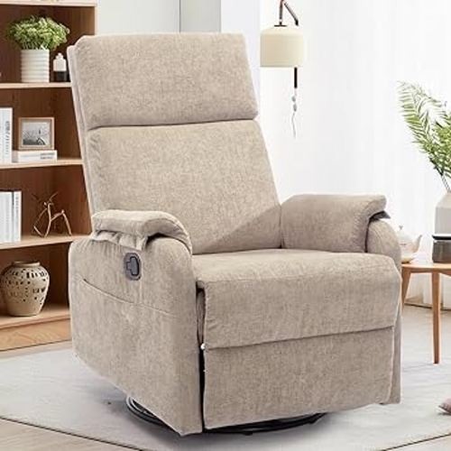 Recliner Chairs, Swivel Rocking Recliner Chair for Adults, Glider Rocking Chair, Small Nursery Recliner for Living Room, Reclining with Modern-Designed Armrests, Chenille, Khaki