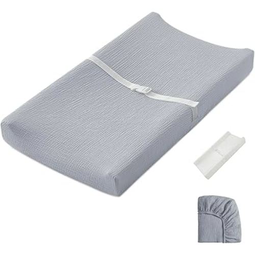 Blissful Diary Muslin Baby Changing Pad with Waterproof Lining Foam, Diaper Changing Table Pad with Cover for Dressers (Gray, Rectangular)