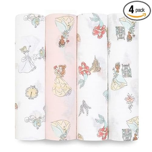 aden + anais Essentials Muslin Swaddle Blankets, Newborn Receiving Blanket for Swaddling, 100% Cotton Baby Swaddle Wrap, 4 Pack, Disney Princess
