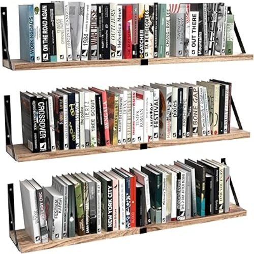 Floating Book Shelves Set of 3, Wall Bookshelf, 33 inch Long Wood Shelf for Wall Storage, Hanging Shelving for Bedroom, Bathroom, Living Room, Kitchen, Office and Plants (Light Brown)