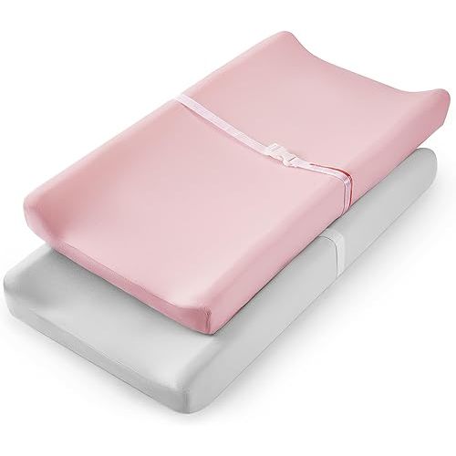 TILLYOU Changing Pad Cover Set in Soft Jersey Material Diaper Changing Pad Cover Girl - Fits 32"/34''x16 Contoured Pad for Babies,Peachy Pink & Lt Gray