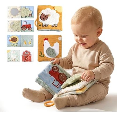 Mamimami Home Soft Baby Book with Teether & Mirror, Sensory Crinkle Cloth Books for Babies 0-12 Months, Montessori Farm Animal Tummy Time Toys, Portable Busy Book, Infant Toy for Newborn Shower Gift