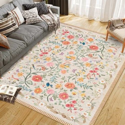 Fulvari Area Rugs Washable Rug Vintage Soft Boho Floral Non-Slip Carpet Indoor Thin Carpets for Dining Room Nursery Home Office Coffee 6x9
