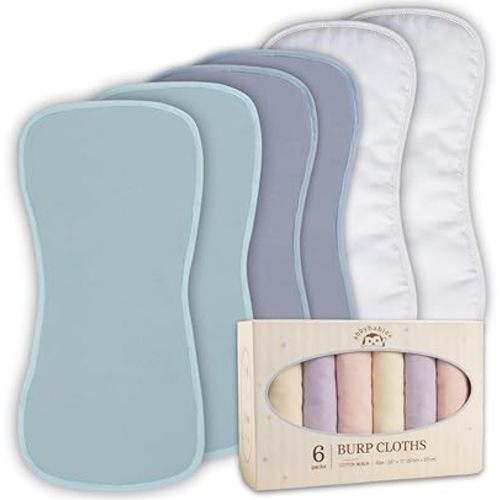 Baby Burp Cloths, 6-Pack 100% Cotton Muslin, Soft & Absorbent, Tapered Design for Extra Coverage, 22x10 Inch, CPC Certified, Gift-Ready (White, Blue, Light Blue)