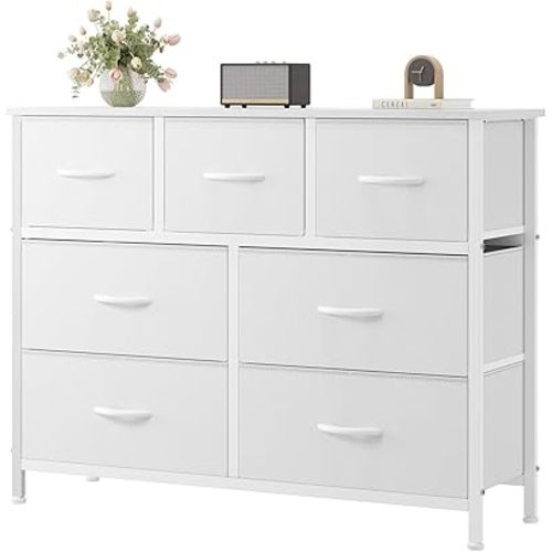 OLIXIS 7 Drawer Closet Organizer Chest, Fabric Storage Tower with Sturdy Steel Frame, Wooden Top & Easy Pull Fabric Bins, Dresser for Bedroom Living Room Entryway Clothes Organization, White