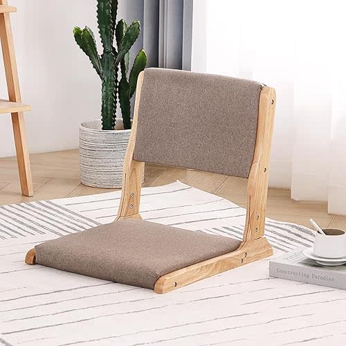 Tatami Chair Accent Furniture, Foldable Meditation Floor Chair, Folding Floor Chairs Seat, Portable Japanese Legless Chair, Back Rest Chair with Cushion, Wood Grey