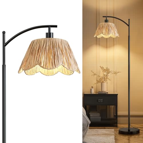 Oneach Arc Floor Lamp for Living Room,Rattan Boho Floor Lamp with Hand-Woven Shade, Foot Switch,Black Metal Base & Pole,Farmhouse Standing Lamp for Bedroom Corner,Reading