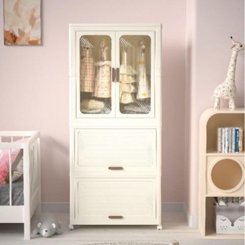 Portable Wardrobe Closet Storage Organizer,Toddler Dresser With Magnetic Doors,4 Cubes, Hanging Rod, 10 Hangers,Wardrobe Storage Cabinet Cream White