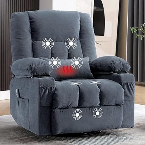 Swivel Rocker Recliner Chair with Vibration Massage and Heating Functions for Adults,Oversized Recliner Single Sofa with Side Pocket,Two Cup Holders and USB Charge Port for Living Room and Bedroom