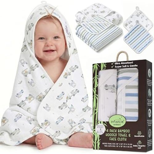 Bamboo Viscose Rich Hooded Baby Towels with Washcloths – 2 Hooded Towel (28x28 inches) & 2 Washcloth (10x10 inches) – Ultra Soft, Absorbent & Cozy Cotton Bath Towels for Newborns & Infants