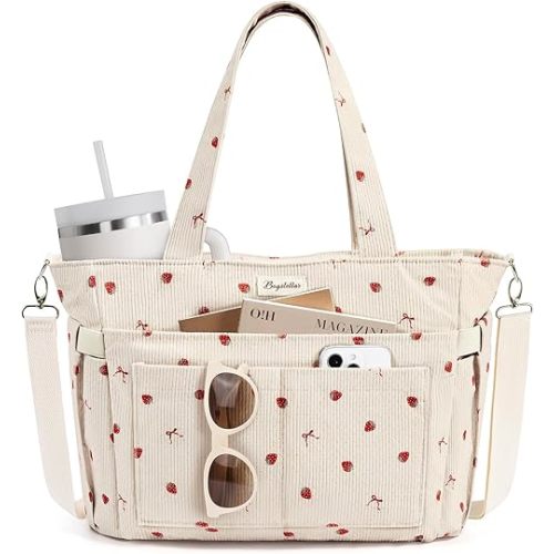 Corduroy Tote Bag for Women, 17 Pockets Laptop Work Tote Bag Lightweight Teacher Nurse Bible Bag for School Travel | with 40oz Cup Holder, Multi Compartment, Zipper Crossbody Bag, College Shoulder Bag, Daily Purse w/ Strap, Ideal Gift for Women