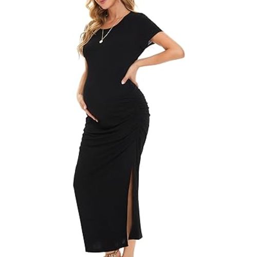 Smallshow Women's Split Long Maternity Dress Short Sleeve Ruched Pregnancy Clothes