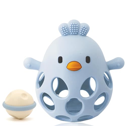 2-in-1 Baby Teething Rattle Toy, Sensory Grasping Teether for Infants 3-12 Months, 100% Food-Grade Silicone, Easy to Hold, Soothing & Developmental, BPA Free