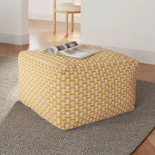 Priya 25.5" Pouf - Yellow Blockprint | Article