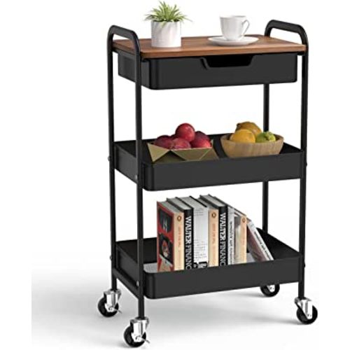 3 Tier Rolling Cart with Drawer, Metal Utility Cart on Wheels Storage Cart with Wood Top, Kitchen Cart Art Cart Organizer for Bathroom Office Balcony Living Room