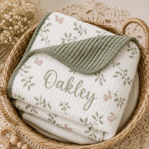 Personalized Bunny Baby Blanket, Custom Name Muslin Blanket, Woodland Nursery Bedding, Sage Green Toddler Blanket, Baby Shower Gift