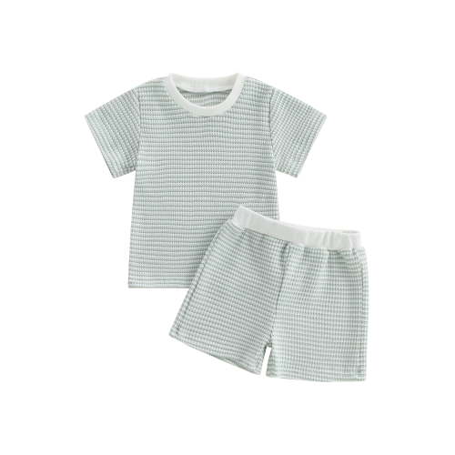 Loicainy Baby Toddler Summer Clothes 3 6 12 18 24 Months 2T 3T 4T 5T Waffle Striped Short Sleeve T-shirt Elastic Waist Shorts Kids 2 Piece Outfits Set