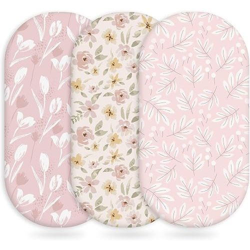Unnivoll Baby Bassinet Sheets Girl Boy, Fitted Bassinet Sheet Set 3 Pack Bassinet Mattress Sheets Universal Fit for Rectangle, Round, Oval, Hourglass Mattress, Soft Breathable Pink Flowers & Leaf